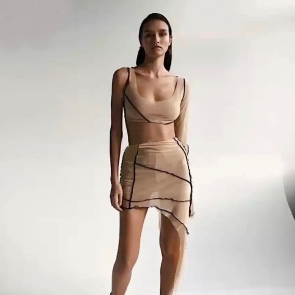 Nue Mesh Patchwork Piping Asymmetrical Bodycon Skirt Set Beach Mini Festival Set - Picture 2 of 6